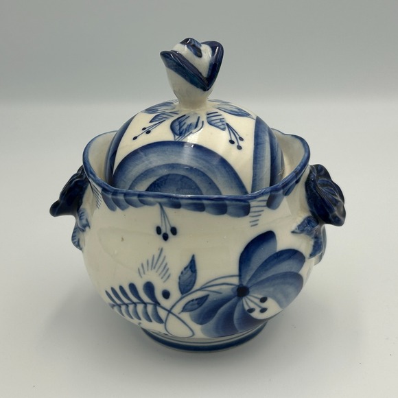 Gzhel Other - Russian GZHEL Porcelain Blue White Sugar Candy Bowl Lid Vintage Handmade Painted